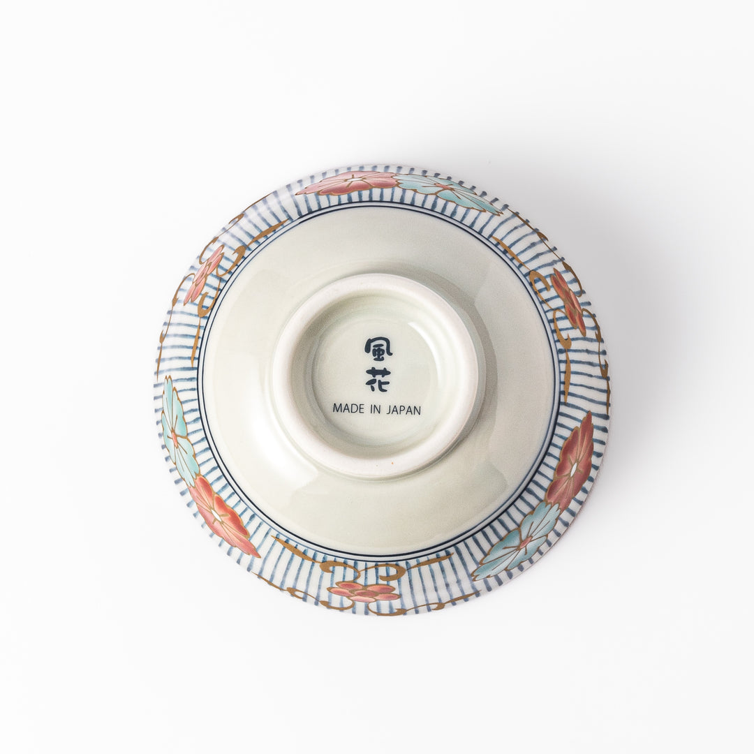 Traditional Japanese rice bowl with vertical blue stripes and red, teal, and gold floral designs, perfect for brightening up everyday meals.