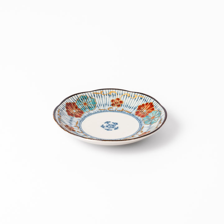 Scalloped edge Japanese sauce dish with vertical blue stripes and red, teal, and gold floral motifs, ideal for serving condiments with elegance.