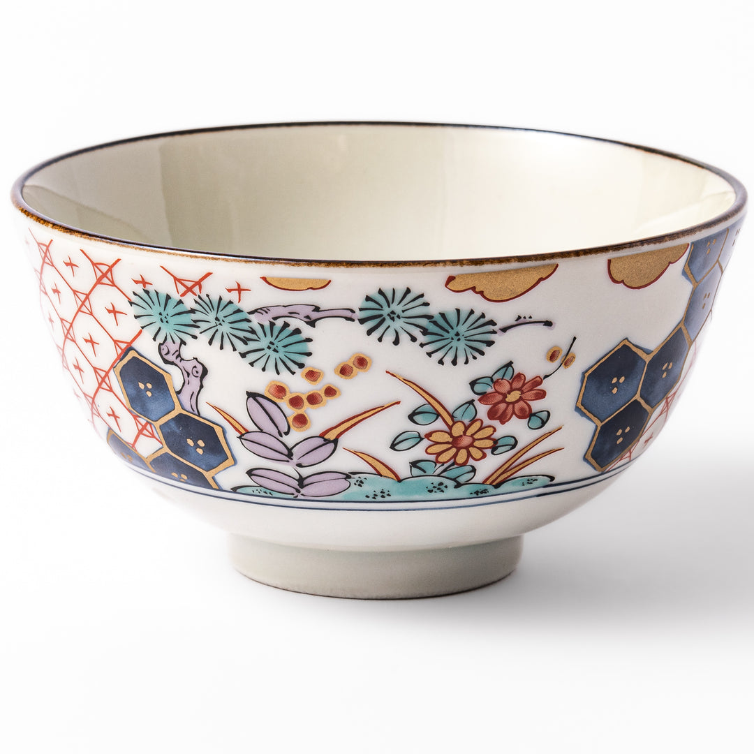 Traditional Japanese rice bowl featuring red lattice, navy hexagons, and multicolor floral motifs, perfect for adding elegance to everyday meals.