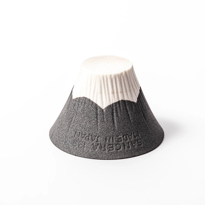 Black Mount Fuji ceramic coffee filter with snowy peak design, handcrafted in Japan for reusable pour-over brewing and stylish kitchen decor.
