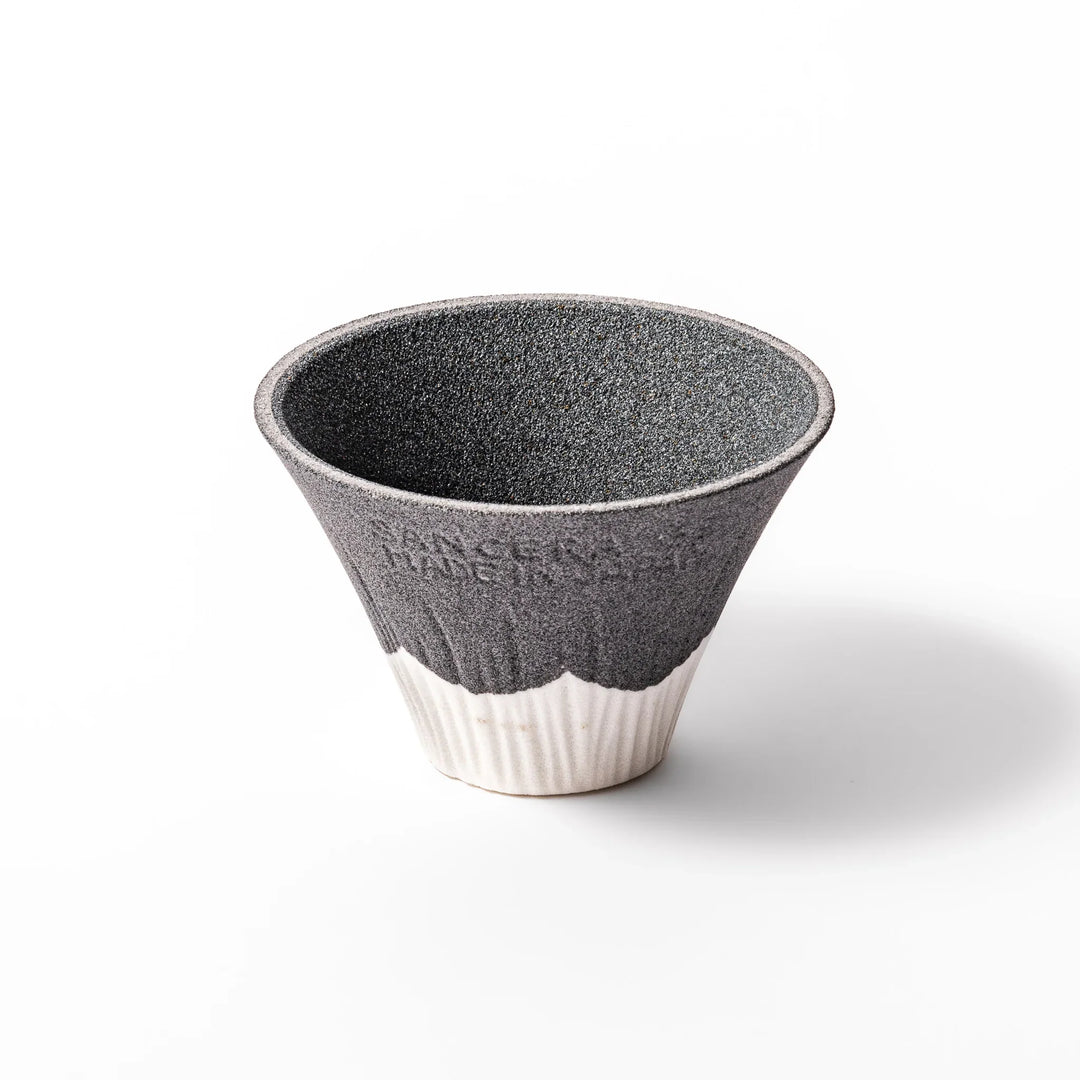 Black Mount Fuji ceramic coffee filter with snowy peak design, handcrafted in Japan for reusable pour-over brewing and stylish kitchen decor.