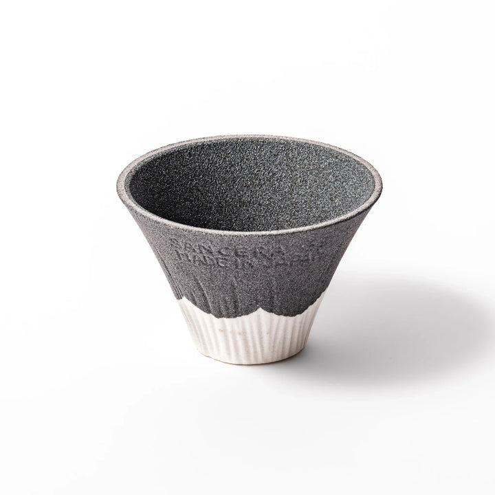 Black Mount Fuji ceramic coffee filter with snowy peak design, handcrafted in Japan for reusable pour-over brewing and stylish kitchen decor.