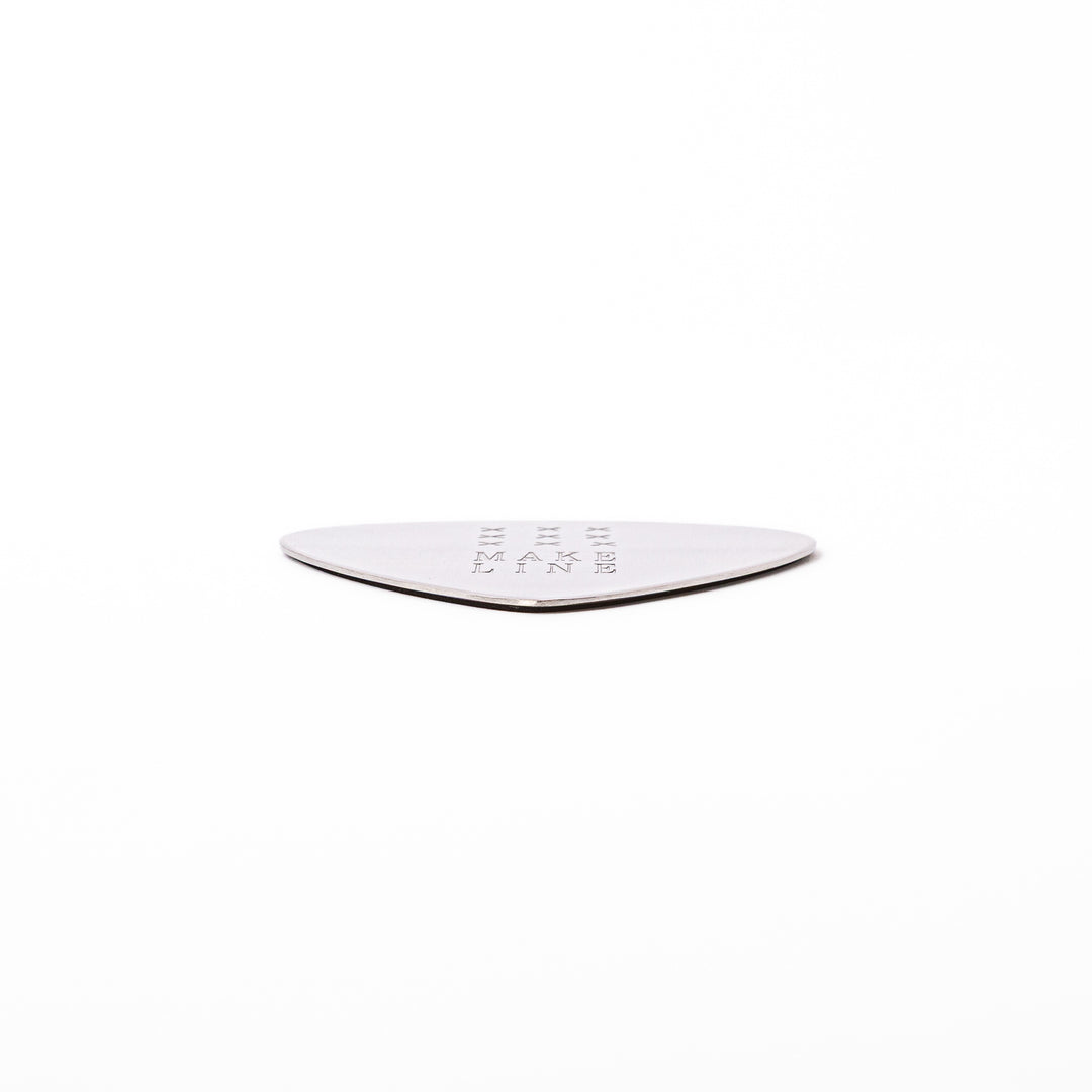 Unique guitar pick shaped stainless steel metal coaster engraved with make line text and cross patterns