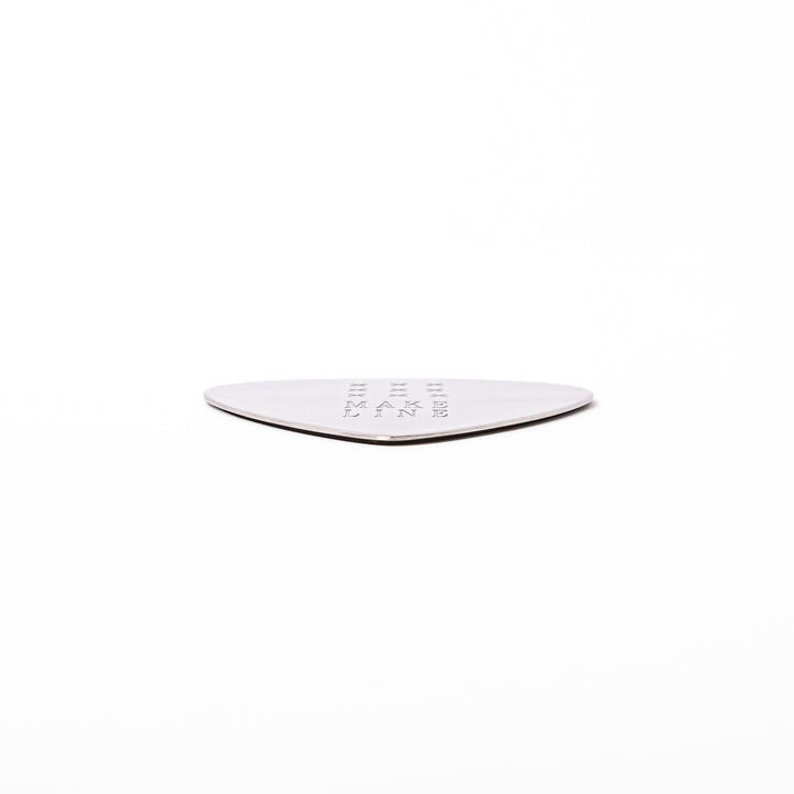 Unique guitar pick shaped stainless steel metal coaster engraved with make line text and cross patterns