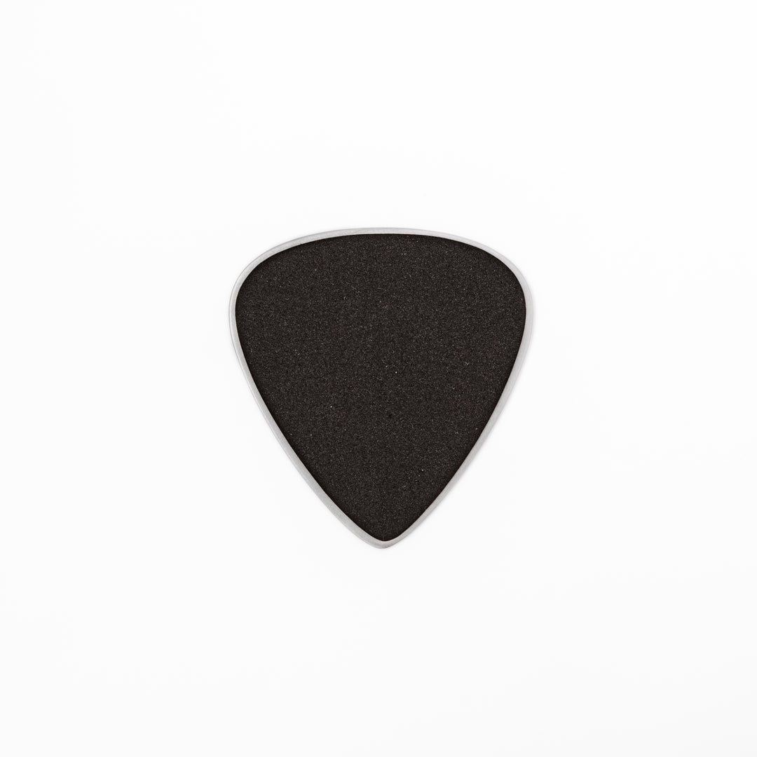 Unique guitar pick shaped metal coaster with vintage matte finish engraved with make line text and cross patterns