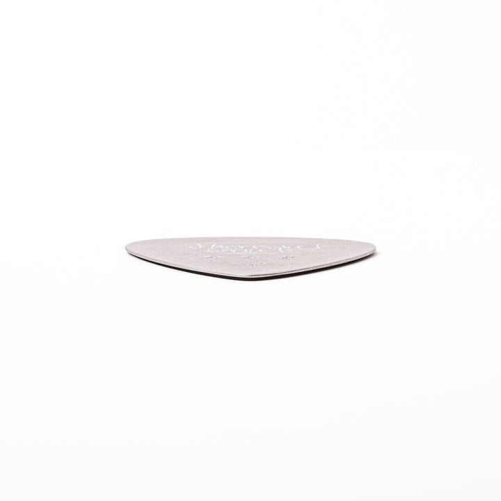 Unique guitar pick shaped metal coaster with vintage matte finish engraved with thousand sounds text and stars