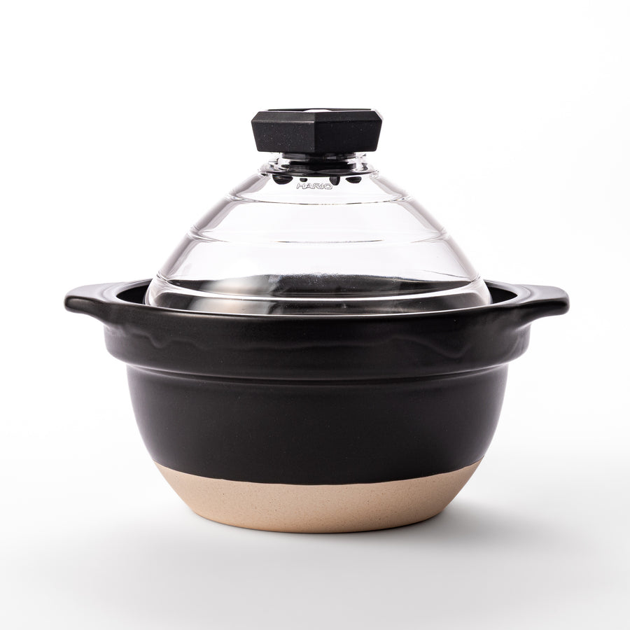HARIO GohanGama ceramic rice cooker pot with a clear glass lid, designed for traditional Japanese stove top cooking