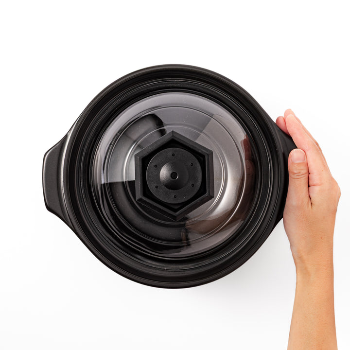 HARIO GohanGama ceramic rice cooker pot with a clear glass lid, designed for traditional Japanese stove top cooking