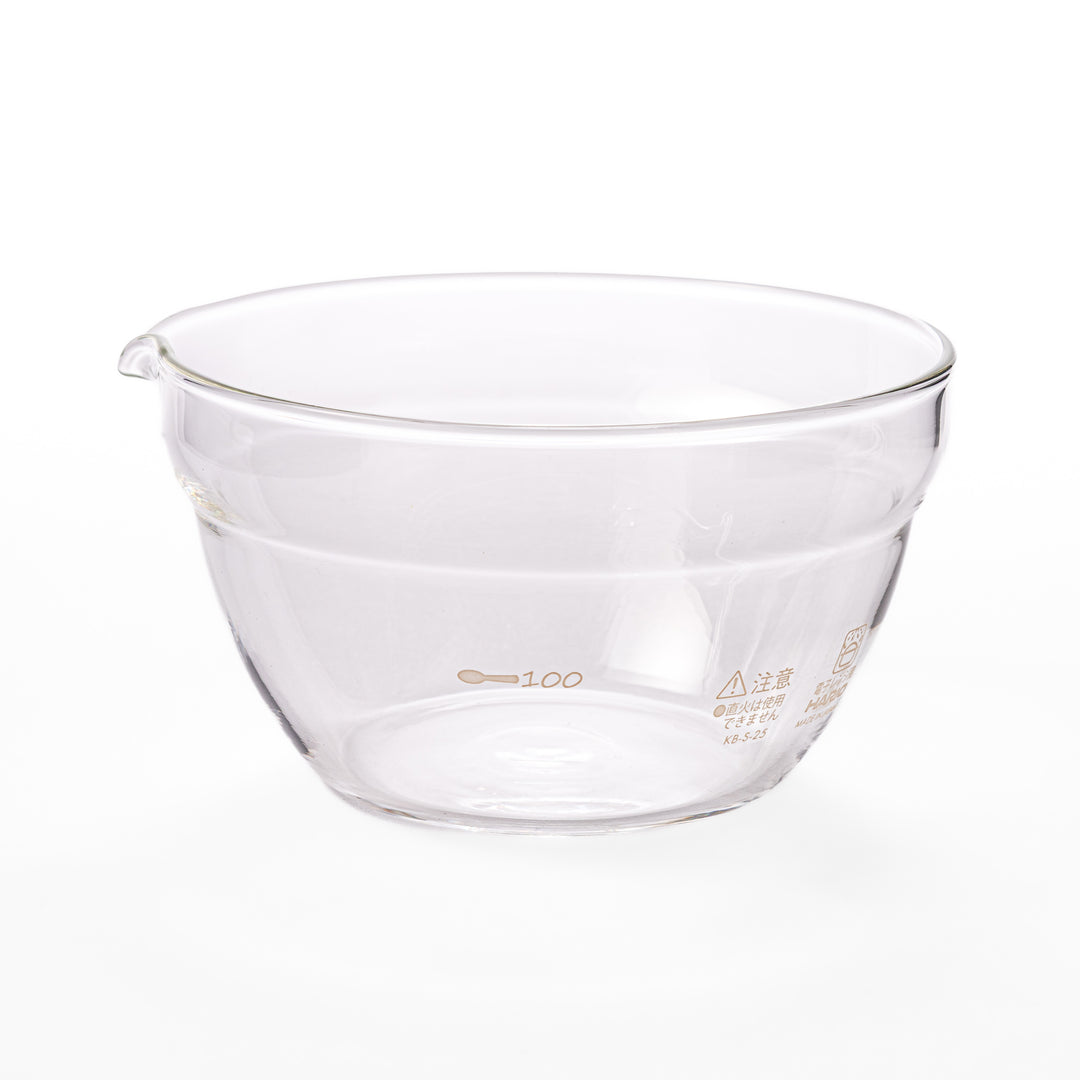 Set of four HARIO heat resistant glass mixing bowls with pour spouts, featuring various nested sizes for easy meal prep