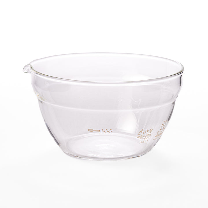 Set of four HARIO heat resistant glass mixing bowls with pour spouts, featuring various nested sizes for easy meal prep