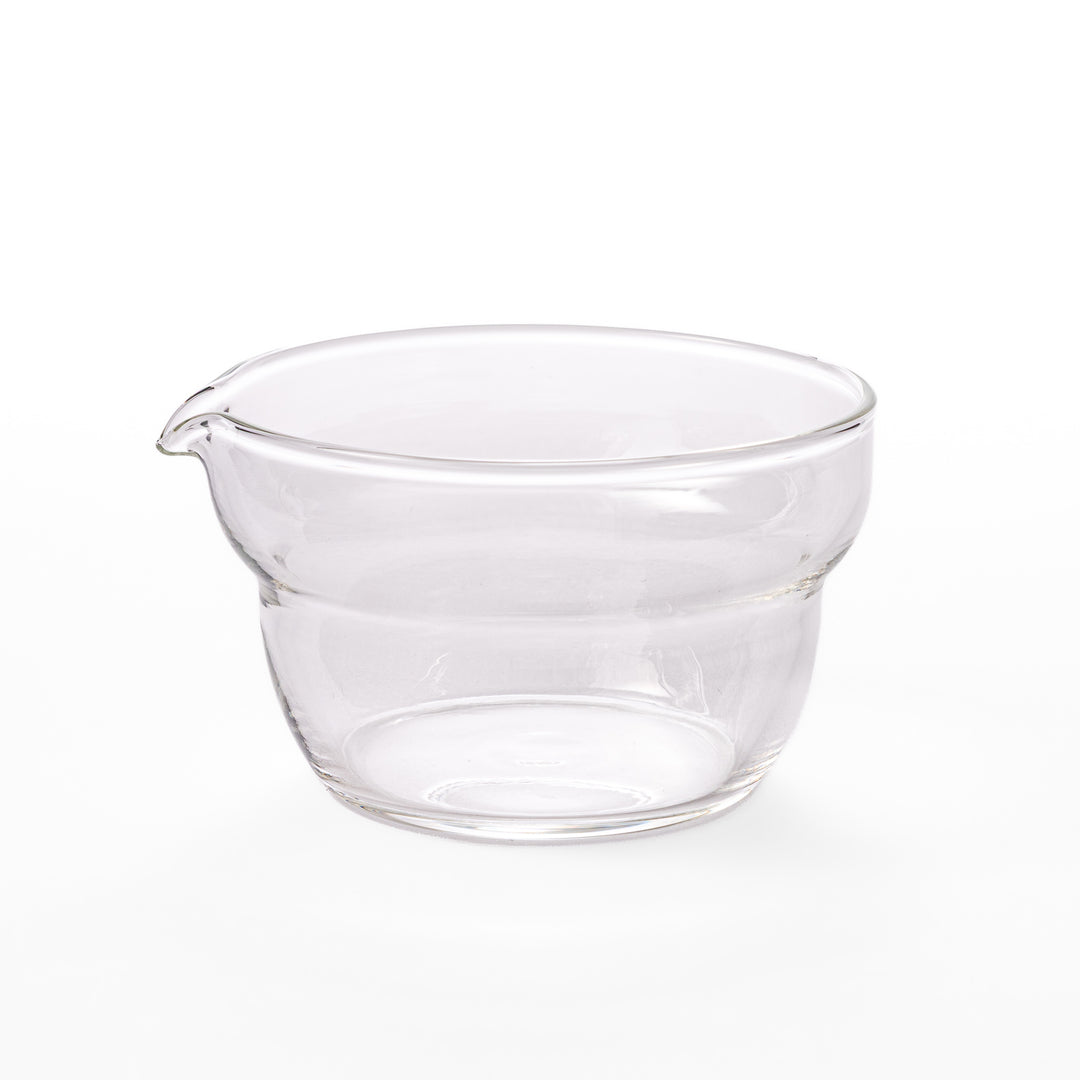 Set of four HARIO heat resistant glass mixing bowls with pour spouts, featuring various nested sizes for easy meal prep