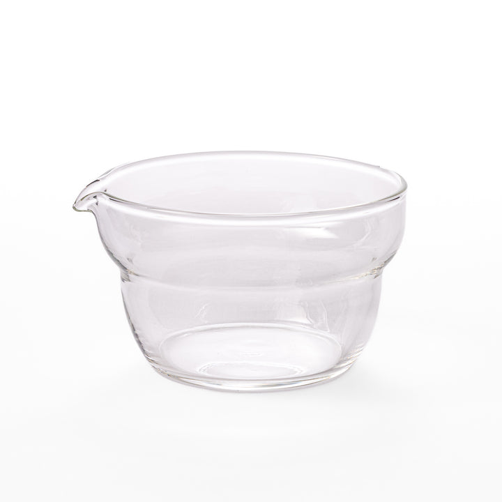 Set of four HARIO heat resistant glass mixing bowls with pour spouts, featuring various nested sizes for easy meal prep
