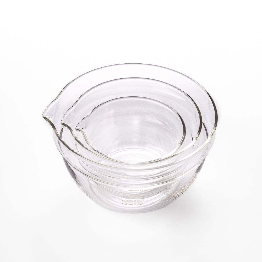Set of three HARIO heat resistant glass prep bowls with pour spouts, featuring versatile sizes for easy food preparation