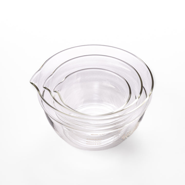 Set of three HARIO heat resistant glass prep bowls with pour spouts, featuring versatile sizes for easy food preparation
