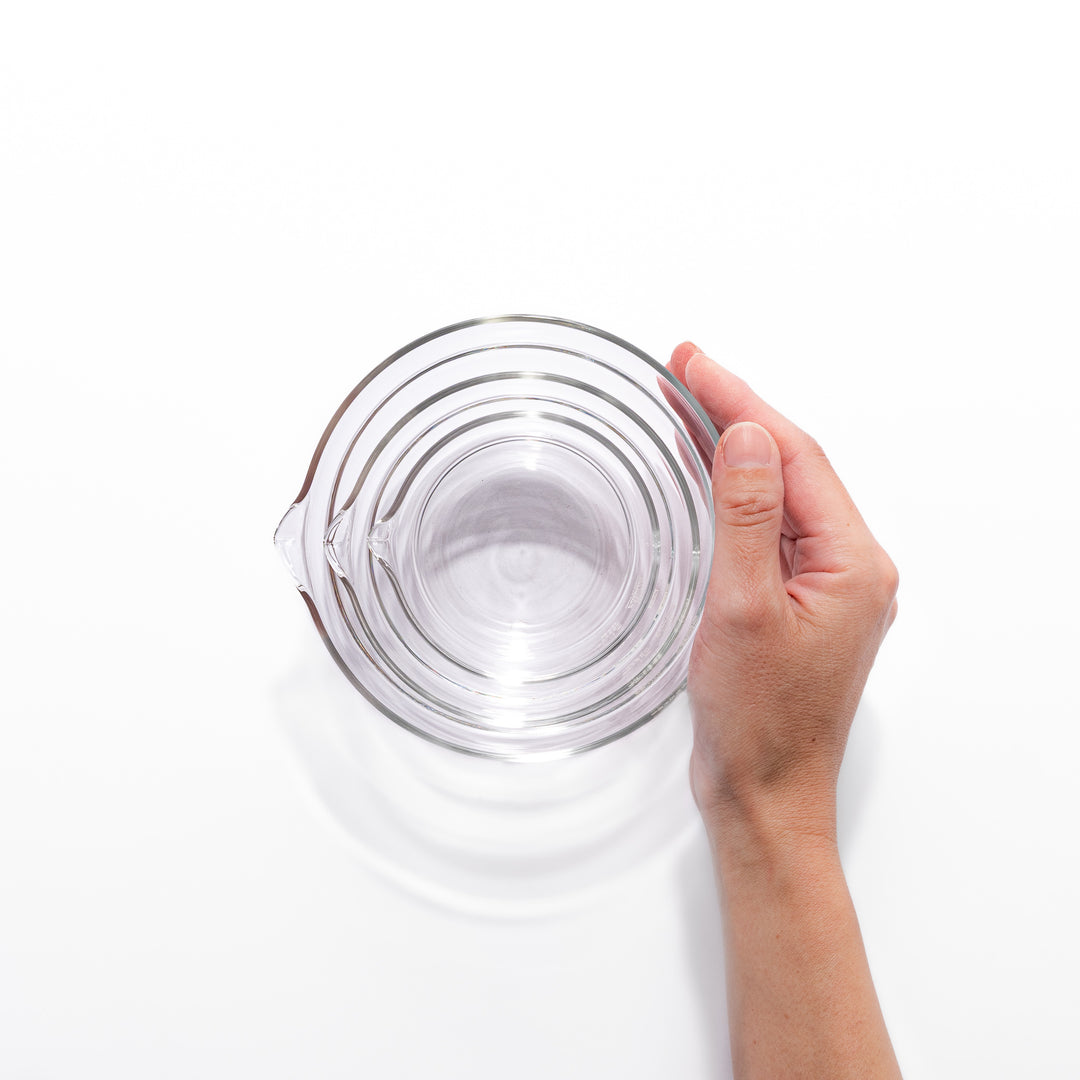 Set of three HARIO heat resistant glass prep bowls with pour spouts, featuring versatile sizes for easy food preparation