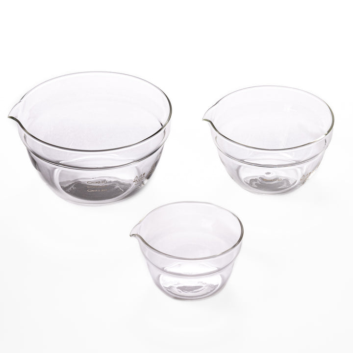 Set of three HARIO heat resistant glass prep bowls with pour spouts, featuring versatile sizes for easy food preparation
