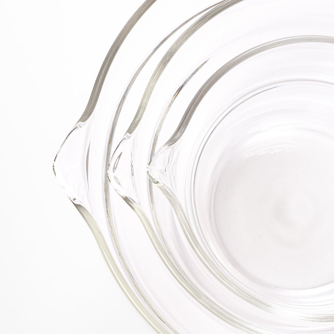 Set of three HARIO heat resistant glass prep bowls with pour spouts, featuring versatile sizes for easy food preparation