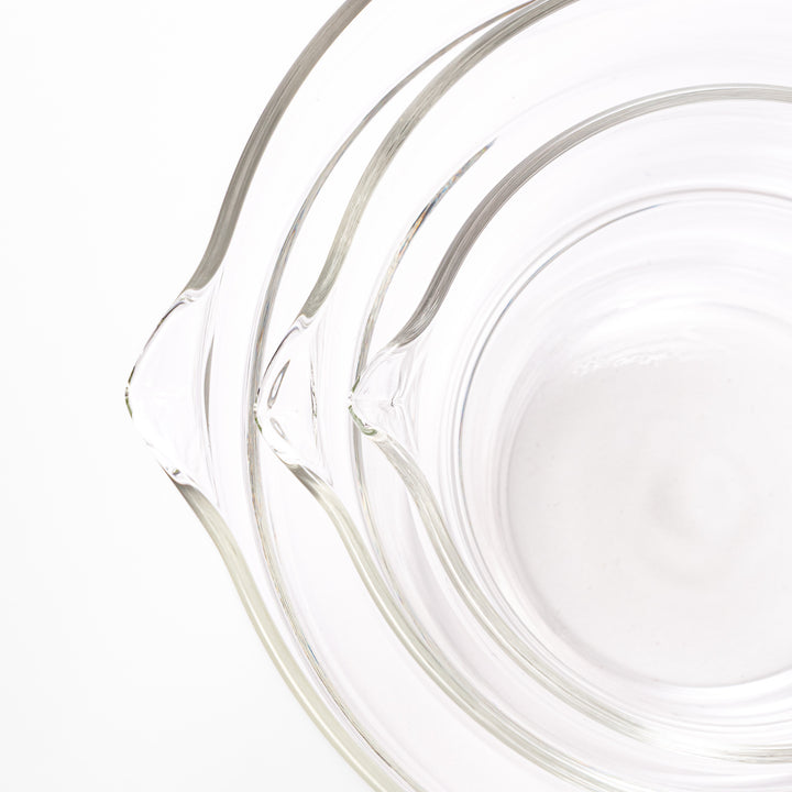 Set of three HARIO heat resistant glass prep bowls with pour spouts, featuring versatile sizes for easy food preparation
