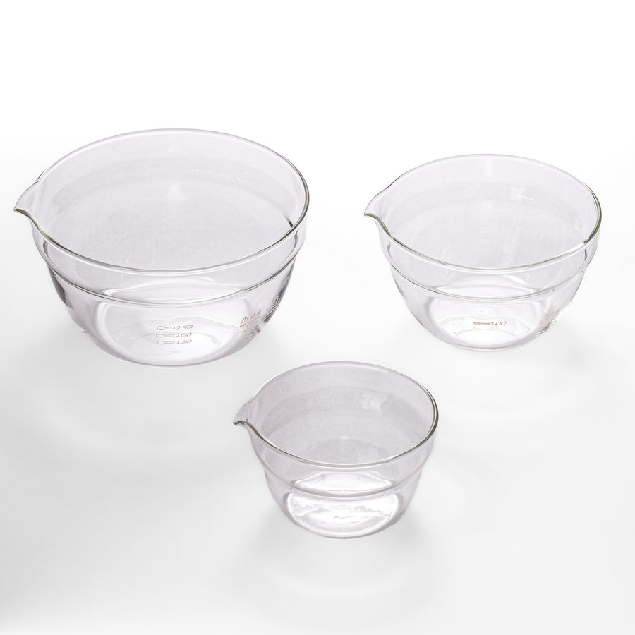 Set of three HARIO heat resistant glass prep bowls with pour spouts, featuring versatile sizes for easy food preparation