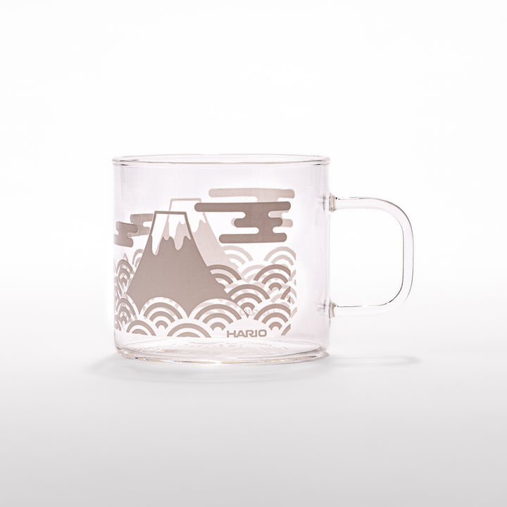 HARIO Mount Fuji thermochromic heat resistant glass mug, featuring a gray printed Japanese mountain design on white