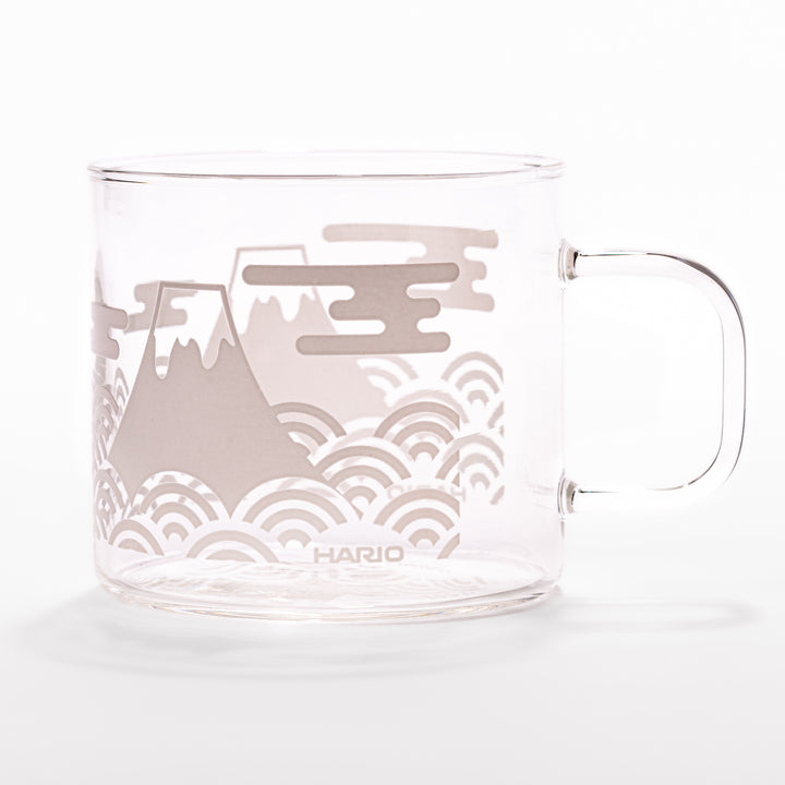 HARIO Mount Fuji thermochromic heat resistant glass mug, featuring a gray printed Japanese mountain design on white