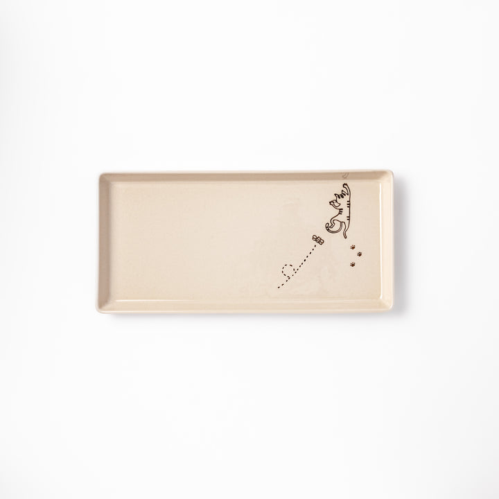 Beige rectangular ceramic plate featuring a playful tabby cat illustration with paw prints and a butterfly in the corner.