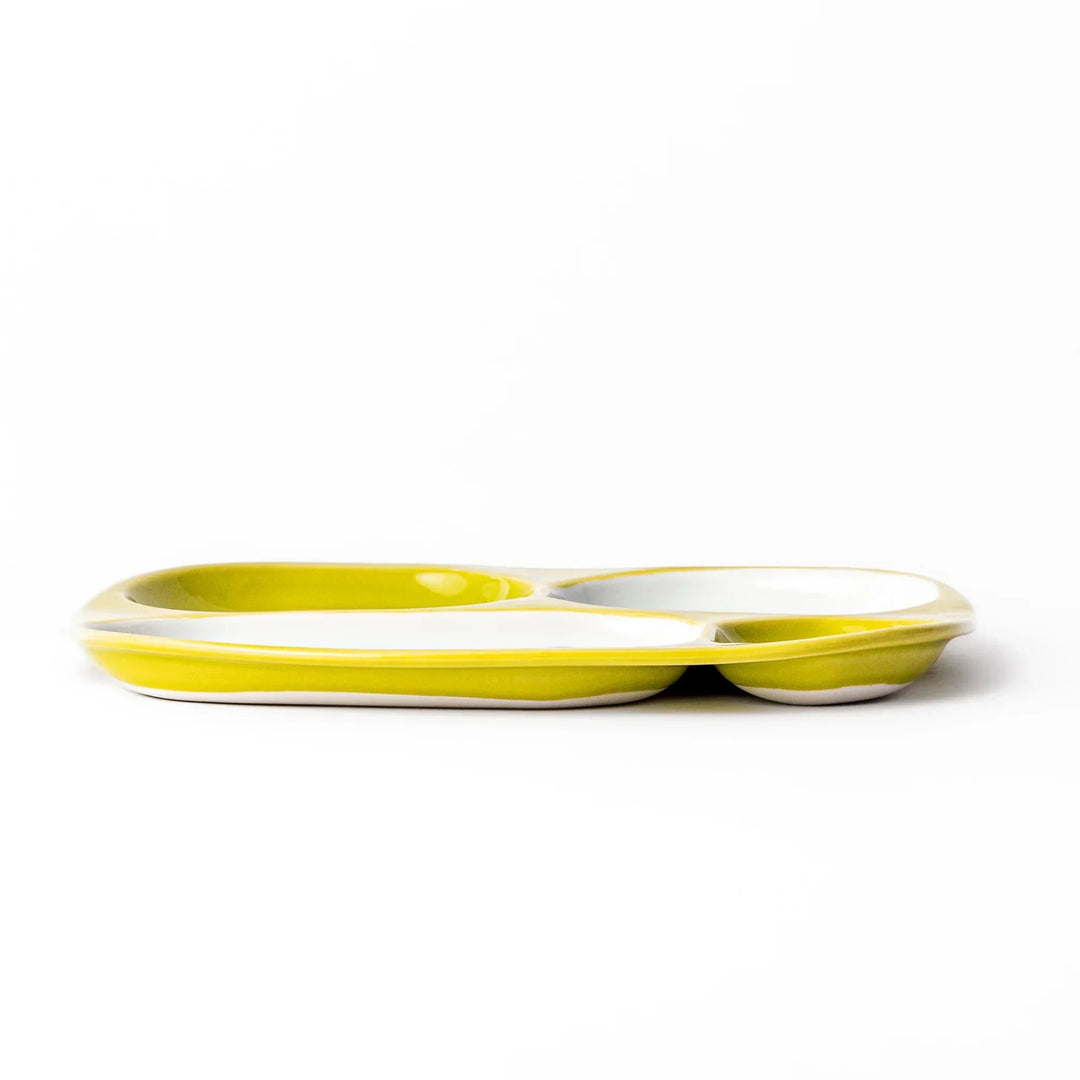 White ceramic kids plate with honey bear face in main section, bee motif in small section, chartreuse accents