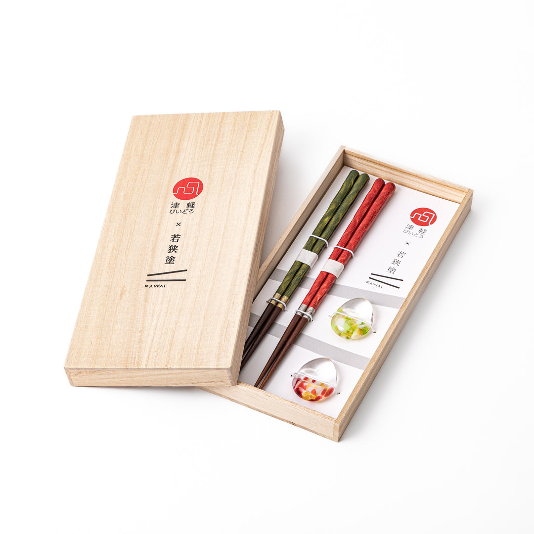 Festive Glass Japanese chopsticks gift set inside a traditional wooden box featuring Tsugaru Vidro glass rests and lacquer chopsticks