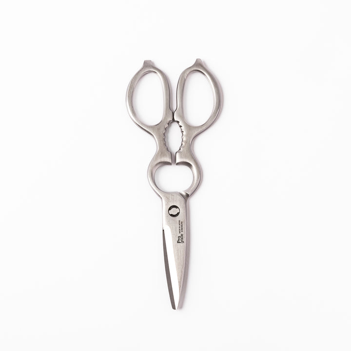 Japanese all-stainless multi-purpose kitchen shears with sharp blades and built-in grip, ideal for cutting meat, seafood, and vegetables with precision and ease.