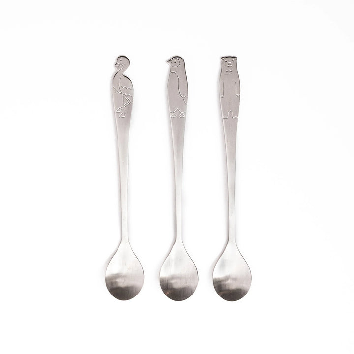 Set of three Japanese kakigori spoons featuring polar bear penguin and flamingo designs long handle stainless steel cutlery