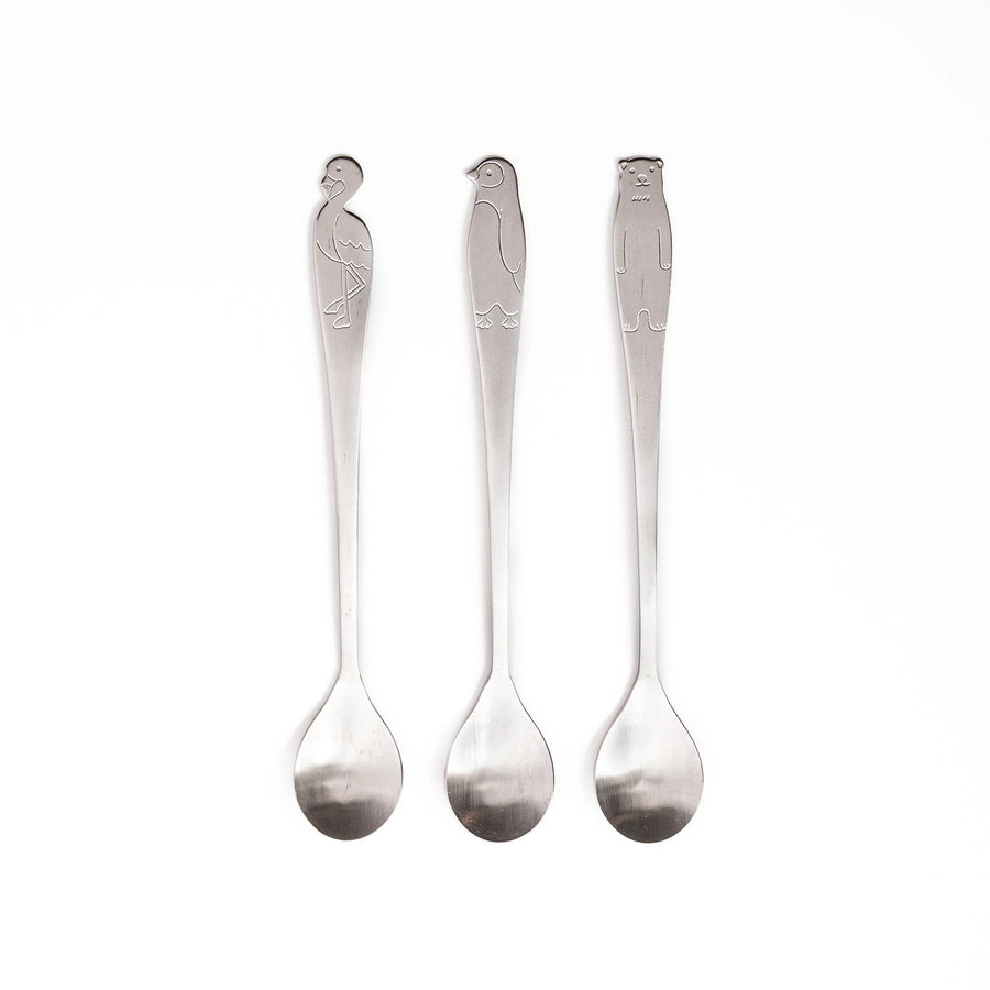 Set of three Japanese kakigori spoons featuring polar bear penguin and flamingo designs long handle stainless steel cutlery
