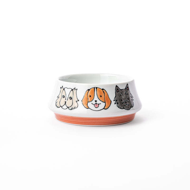 Japanese ceramic dog bowl with hand painted dog face designs and raised rim for pets