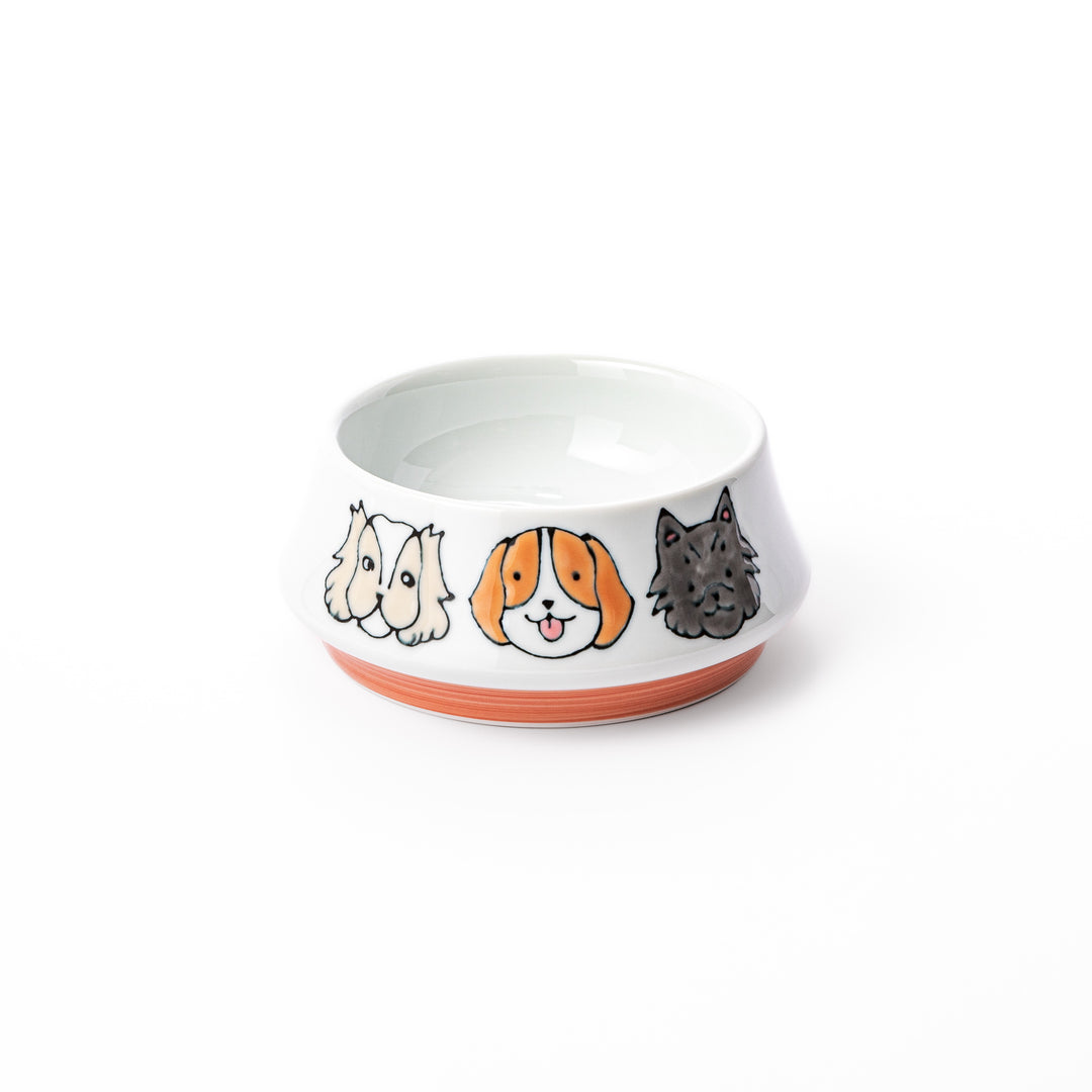 Japanese ceramic dog bowl with hand painted dog face designs and raised rim for pets