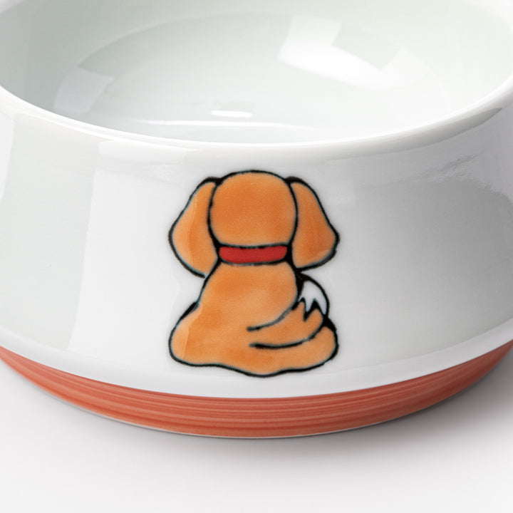 Japanese ceramic dog bowl with hand painted dog face designs and raised rim for pets