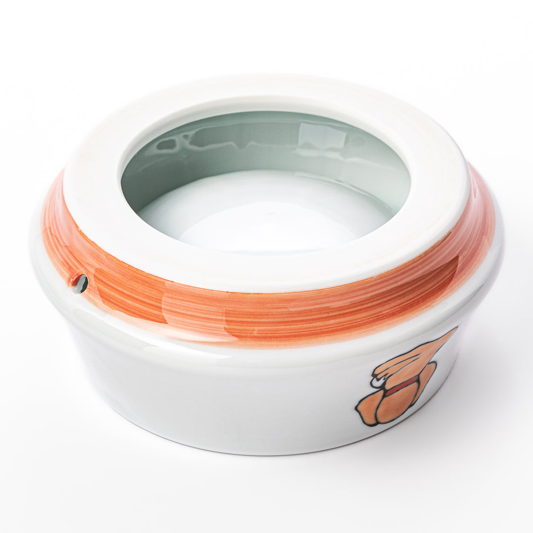 Japanese ceramic dog bowl with hand painted dog face designs and raised rim for pets