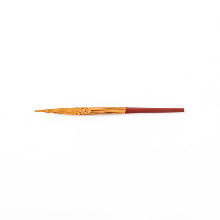 Set of five Japanese bamboo cocktail forks with red handles and a natural bamboo finish for appetizers and desserts