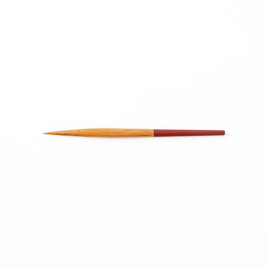 Set of five Japanese bamboo cocktail forks with red handles and a natural bamboo finish for appetizers and desserts