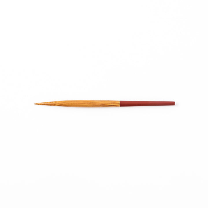 Set of five Japanese bamboo cocktail forks with red handles and a natural bamboo finish for appetizers and desserts