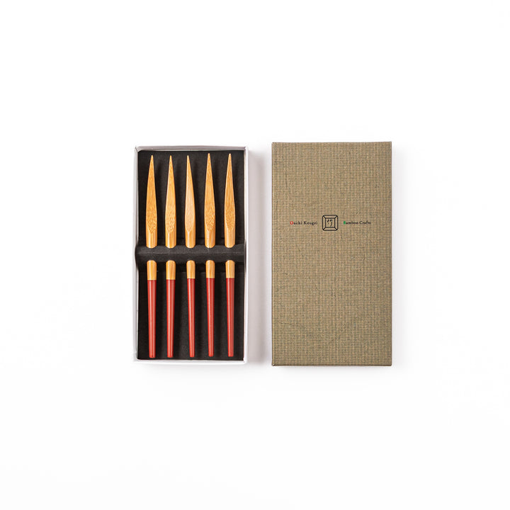 Set of five Japanese bamboo cocktail forks with red handles and a natural bamboo finish for appetizers and desserts