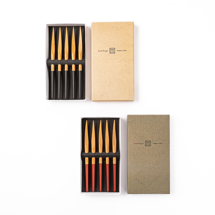 Japanese bamboo cocktail fork sets in black and red featuring a natural bamboo finish and matching storage boxes