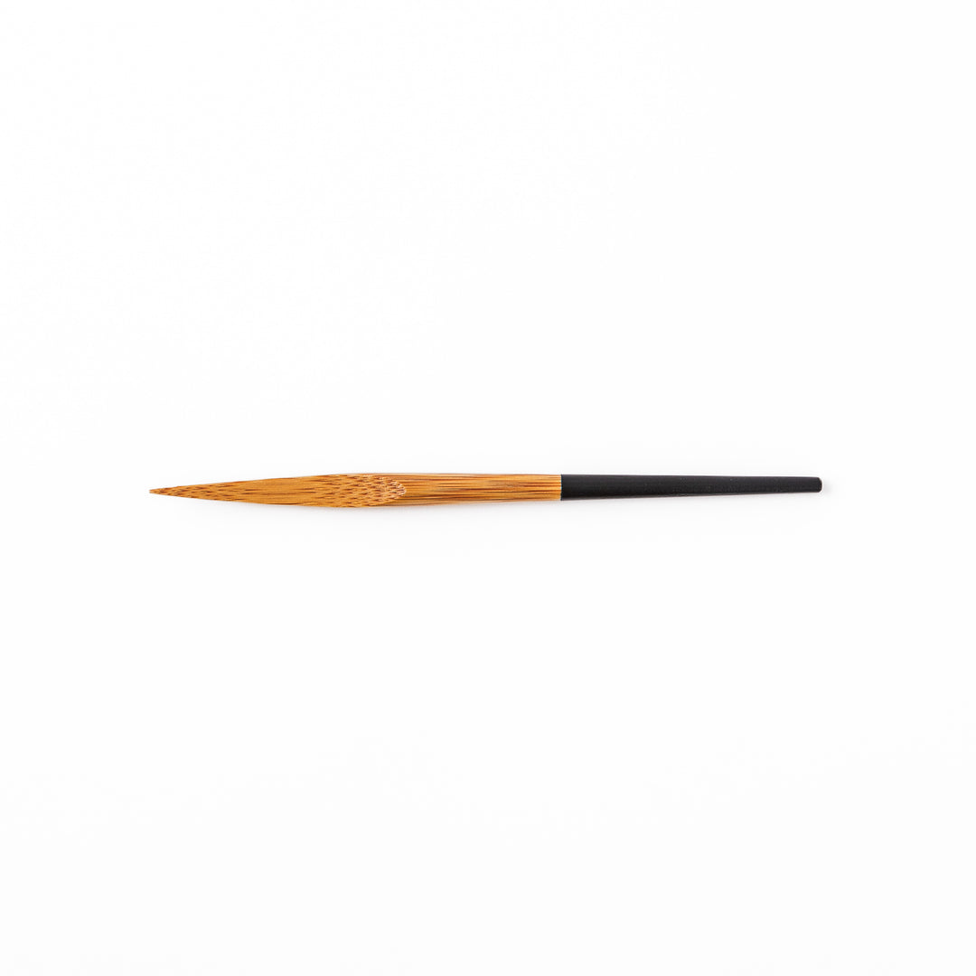 Set of five Japanese bamboo cocktail forks with black handles and a natural bamboo finish for appetizers and desserts