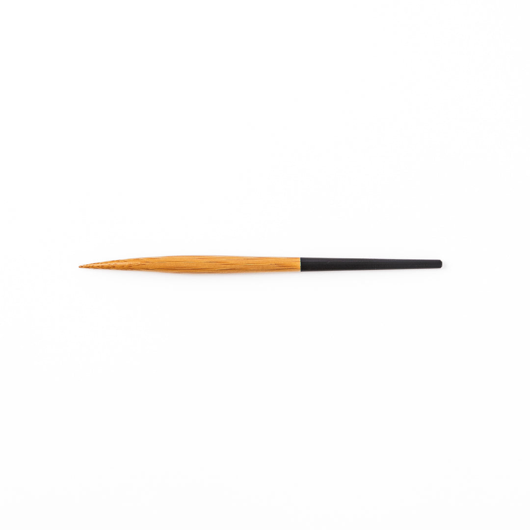 Set of five Japanese bamboo cocktail forks with black handles and a natural bamboo finish for appetizers and desserts