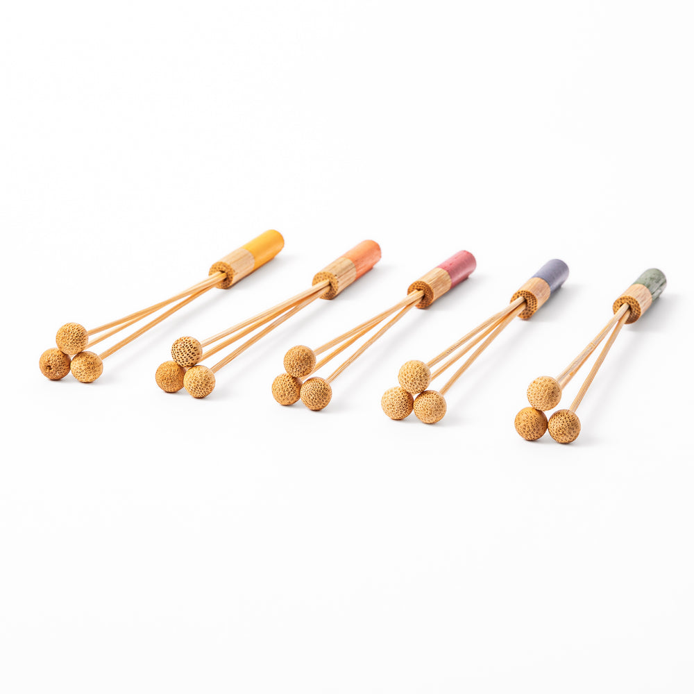 Japanese bamboo drink stirrer set of five with colorful handles and bead tips for cocktails or tea mixing