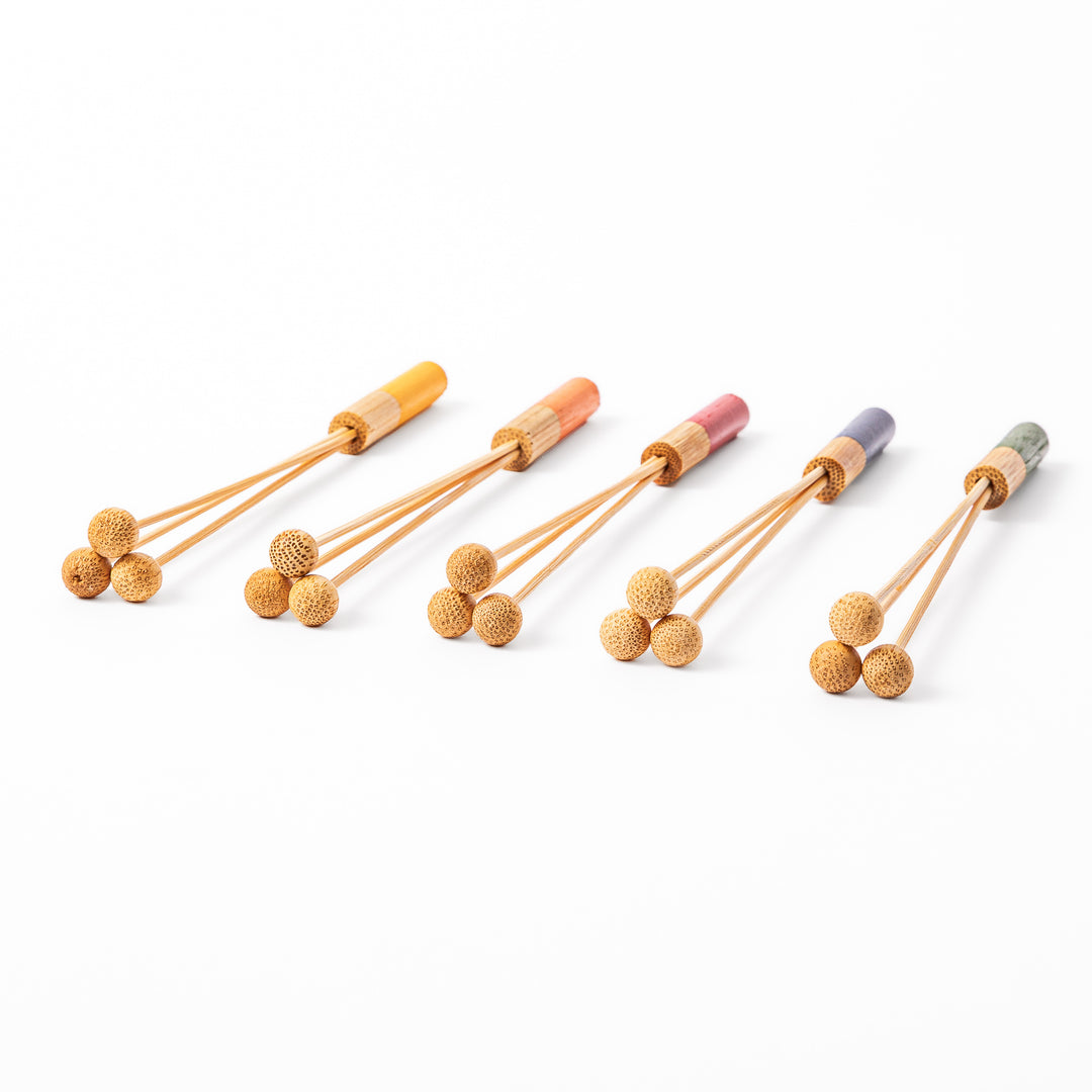 Japanese bamboo drink stirrer set of five with colorful handles and bead tips for cocktails or tea mixing