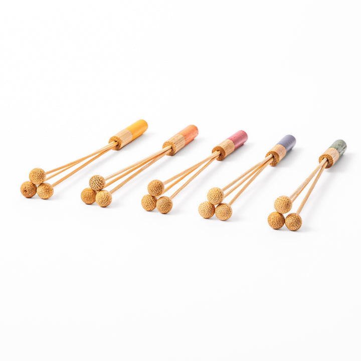 Japanese bamboo drink stirrer set of five with colorful handles and bead tips for cocktails or tea mixing