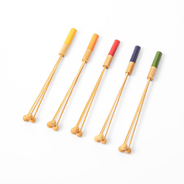 Japanese bamboo drink stirrer set of five with colorful handles and bead tips for cocktails or tea mixing