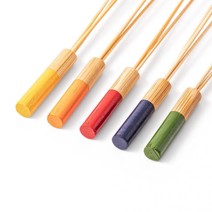 Japanese bamboo drink stirrer set of five with colorful handles and bead tips for cocktails or tea mixing