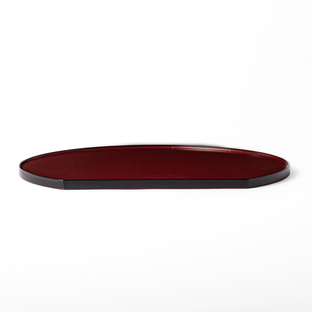 Reversible Japanese Half-Moon Lacquered Tray in red and black. A minimalist serving tray that blends form and function for modern Japanese dining.