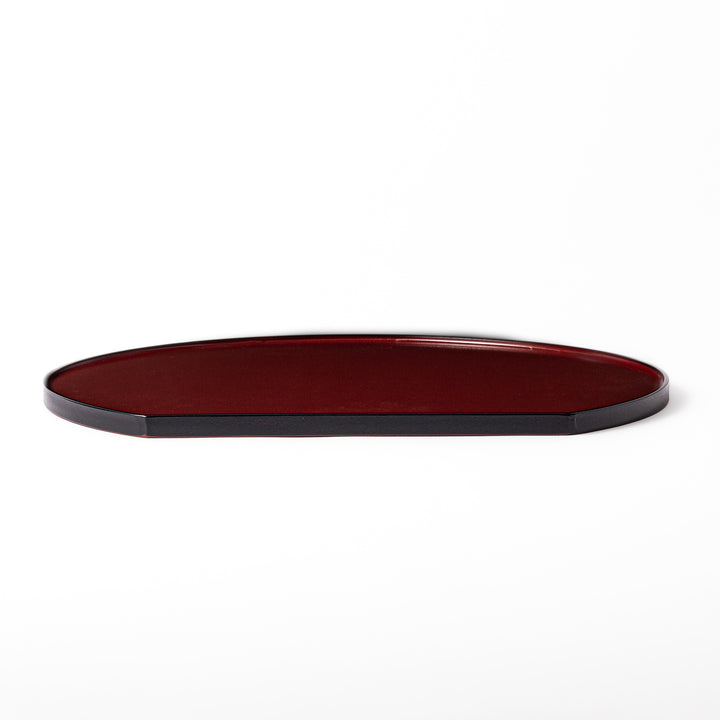 Reversible Japanese Half-Moon Lacquered Tray in red and black. A minimalist serving tray that blends form and function for modern Japanese dining.