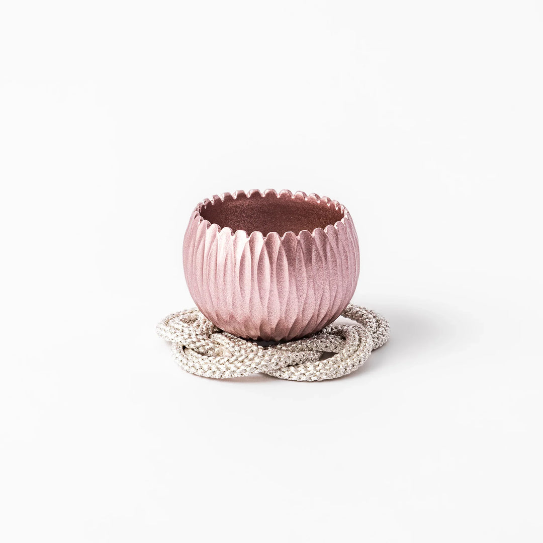 Pink Japanese hydrangea mini prayer bowl with petal texture gold striker and silver knot cushion for ritual.